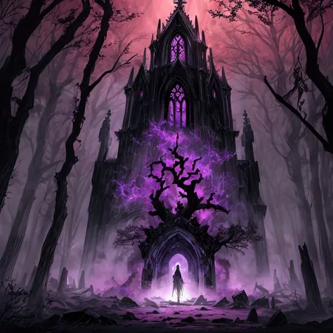 풍경:{Dark Forest, Purple Mist, Desolate Land, Ruined Cathedral, Crimson Sky}, 디테일:{Cracked Sword, Shattered Magic Circle, Blood Trails, Glowing Corruption Crystal}, 분위기:{Gothic Style, Dark Palette, Eerie Atmosphere, Hopeless Emotion, Medieval Design}