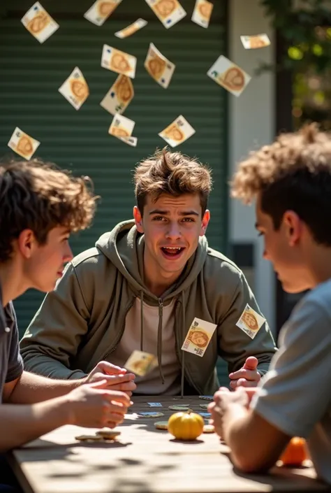 Un groupe d’adolescents autour d’une table, jouant à des jeux de société avec des expressions exagérées et légèrement absurdes, certains riant de manière idiote ou semblant très concentrés de façon démesurée. Une pluie réaliste de billets en euros tombe da...