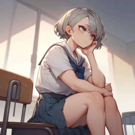  A girl with gray hair with black tips ,  her skin is white with small freckles ,  his hair is short and wavy .  Her eyes are yellow , She is sitting in her seat ,  looking straight ahead because she is wearing a school uniform.