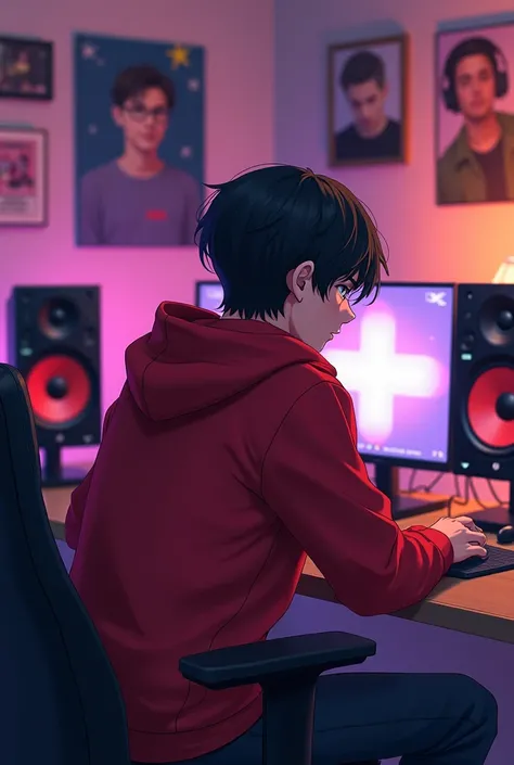 "Create a anime boy who have a  mature looking like a man facing in front  he is a  YouTube content creator, sitting in his studio with futuristic gadgets, and there is mic near him ,wearing red hoodie, and there is 2 posters of  WI EDITX in his room"