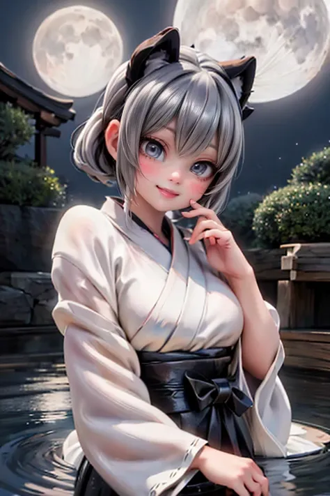 A serene hot spring scene under the silvery glow of the full moon. A Japanese horned demon girl, adorned with an Oni mask and traditional Yukata, stands at the edge of the steaming water. Her katana gleams in her hand as she gazes out into the night. The r...