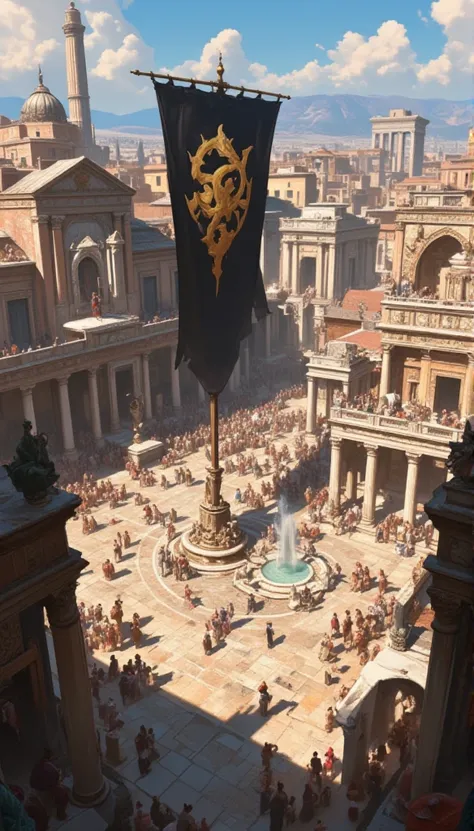 Fantasy Kingdom, ancient roman empire, ancient roman town square, bustling with people, black flag with dragon symbol in middle, no red flag