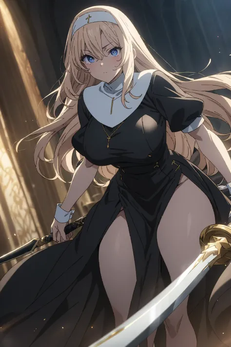 ((((masterpiece)))), ((((Best Quality)))), (anime coloring) ,High resolution,whole body,fine grain,Detailed face,nun,Curvy,action、so beautiful、Beautiful Skin、Beautiful and detailed eyes,has a weapon 