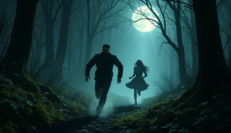 the man runs after the woman in the forest in night