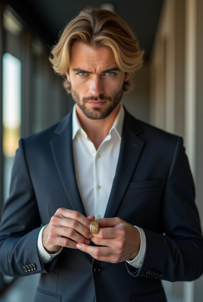  a 26-year-old man ,  beautiful, high, medium blonde hair , Blue eyes, haircut, a CEO ,  is putting on a gold ring