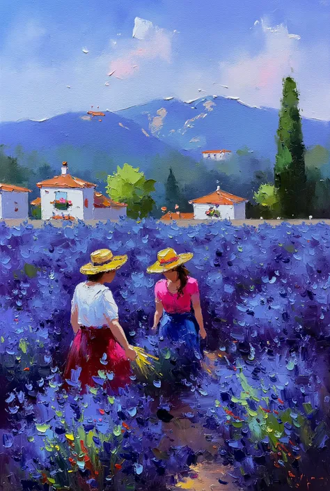  Painting made with a spatula , FIRST WORK, Lavender field in Provence , two women wearing hats working in a lavender field ,  in the background mountains covered in green and typical houses of the region with flowers in flower boxes.