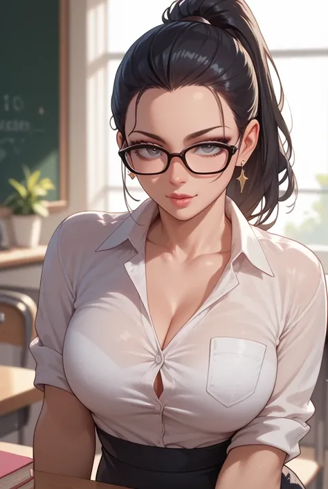 Sexy revealing teacher with glasses and black ponytail