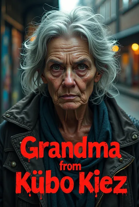 Create me a grandma ,  who looks dangerous ,  because she got on the wrong track .  Below the picture should be in graffiti " sticker grandma from Kübo Kiez " Stand.