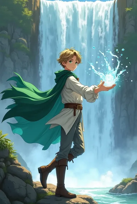 (anime) A teenage boy ,  with light brown hair ,  green eyes, wearing medieval clothes, What are a white blouse with long sleeves , gray pants and boots ,  a green cape with the underside painted with water blue ,  next to a waterfall and using your hands ...