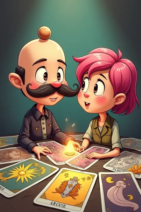  Cartoon bald rock man ,  with wide mustache and knob next to fat woman round face short pink hair and brown eyes. In the middle of tarot cards  