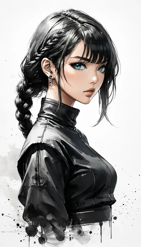 Neo-noir futuristic art style, Ink and Wash Digital Art style, waist-up, proportional body, semi-realistic anime-style of woman facing side. mature woman with long, sleek black hair styled in a low long single braid. aged 19. She has a warm tan skin tone, ...