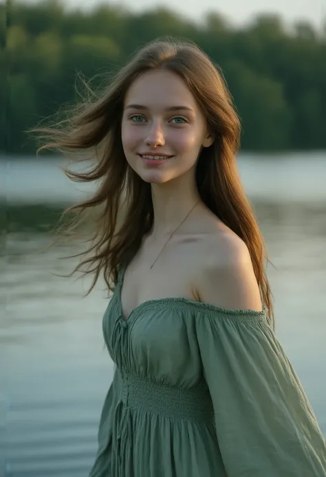  Beautiful slender girl. Slavyanskaya bereginya .  brown hair .  blue eyes . sweet smile. green dress. on the lake shore