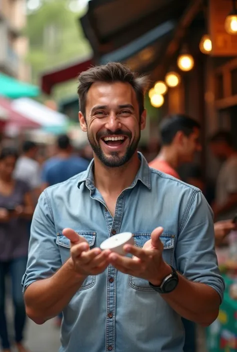 A man walking and talking about a product from the Mercado Livre app 