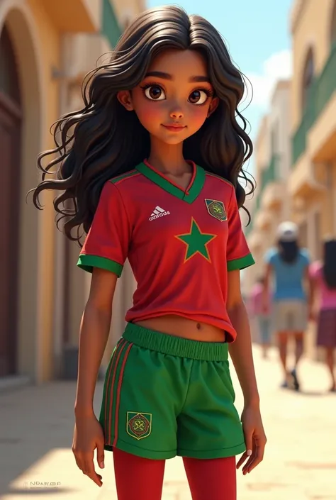 Une fille marocaine de un peu pres 13 ans portant une jupe courte et un collant avec un maillot de football du maroc