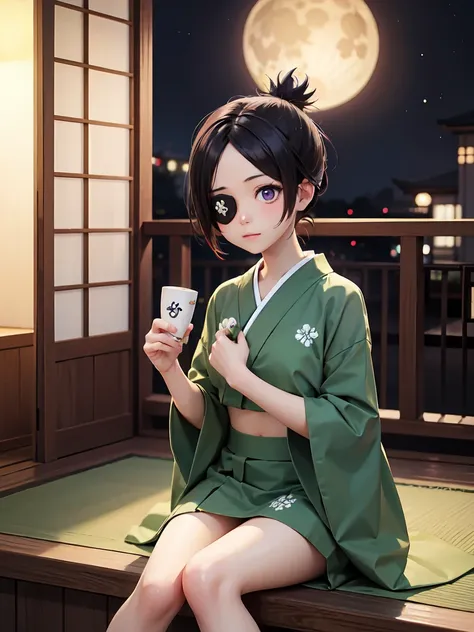  1 girl, whole body, chrome dokuro,  black hair,  eye patch, (  purple eyes :1.1),  short hair,  an eyepatch is on the right eye ,
 crop top,  eye patch,A woman wearing a yellow-green or green yukata is sitting on the veranda of a Japanese house in the moo...