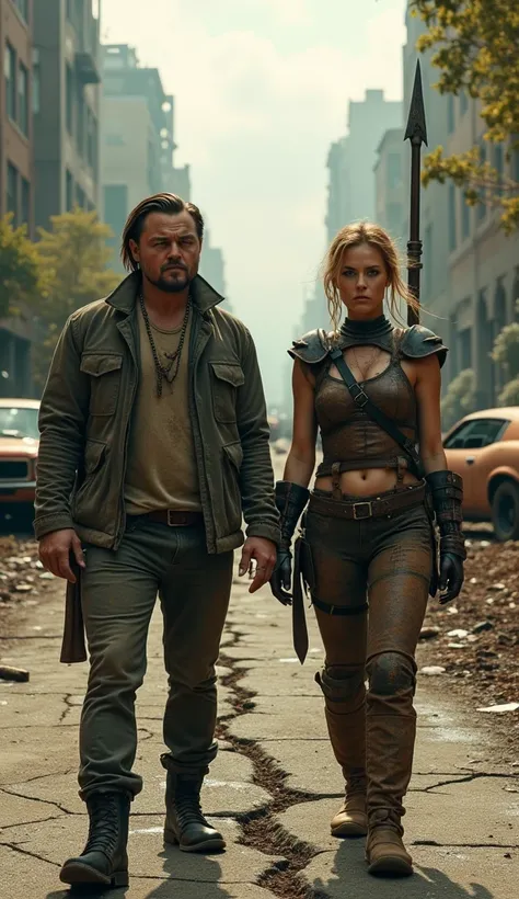 Leonardo DiCaprio and Charlize Theron appear as two survivors on a desolate road in the middle of a post-apocalyptic metropolis. The road is cracked, overgrown with weeds, and littered with the wreckage of rusted and abandoned cars. Leonardo wears shabby c...