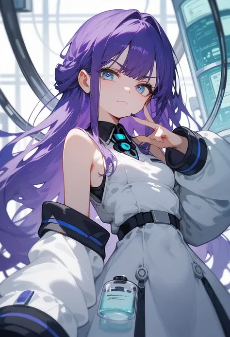  , purple hair,Long hair, in blue eyes,cute,Fierce face, small breasts,Long Sleeve Scientist Dress,Sleeveless , ,, stressed face,Gothic, Sleeve oversized,