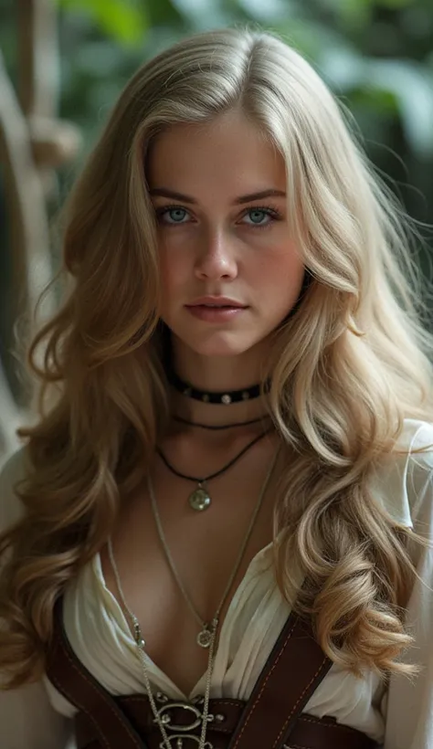 Pirates of the Caribbean woman, long blonde wavy hair, (((looking directly at viewer))), ((facing viewer)), (eye contact maintained with viewer), centered, face centered. Adventure, pirates, supernatural, highly detailed