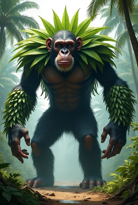 "A colossal hybrid creature combining the features of the biggest chimp Limbani and a coconut leaf. The creature has the massive, muscular body of a chimpanzee, with the strong arms and agile legs, but its skin is partially covered in large, vibrant coconu...