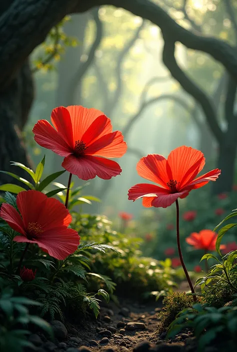 Fire red flowers in the dense forest