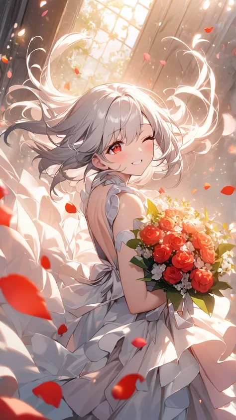 ( top quality, ),  beautiful women (Red eyes), elements. well-groomed face 、 Shy Expression 、 Silver Hair、 red eyes、smile(one eye closed、Looking up)、 ultra fine, A girl in a glittering 巫女姿、 Surrounded by beautiful petals、One eye is covered by hair、alone,  ...