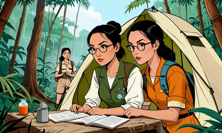 Create a comic style image of two female scientists in a research camp in the middle of the jungle. They are a beautiful Asian woman named "Dr. Phinya", with long, straight black hair, beautiful brown eyes, dressed in camping clothes and next to her a beau...