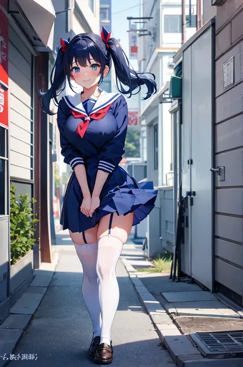 a cute solo girl ,blue twintail hair,hair bow, hair ribbon,sexy big breast,wearing a japan school uniform, blue sailor collar, blue skirt,bloomer, white thighhighs,face red and embarrassed,smile ,skirt tug,wind,wind lift,standing sexypose in a city at afte...