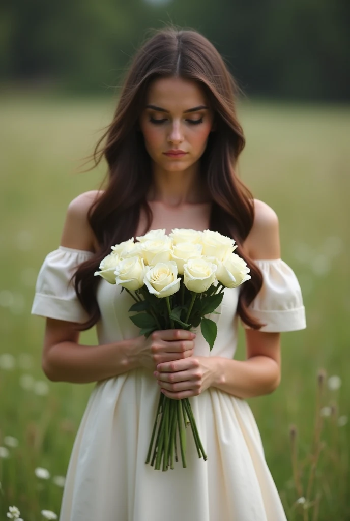 A beautiful young woman is standing far away. She has long dark brown hair and is wear a beautiful dress. She is holding white roses in her hands, and is looking down at them with sadness. She js absolutely beautiful. She is standing far away and can be se...