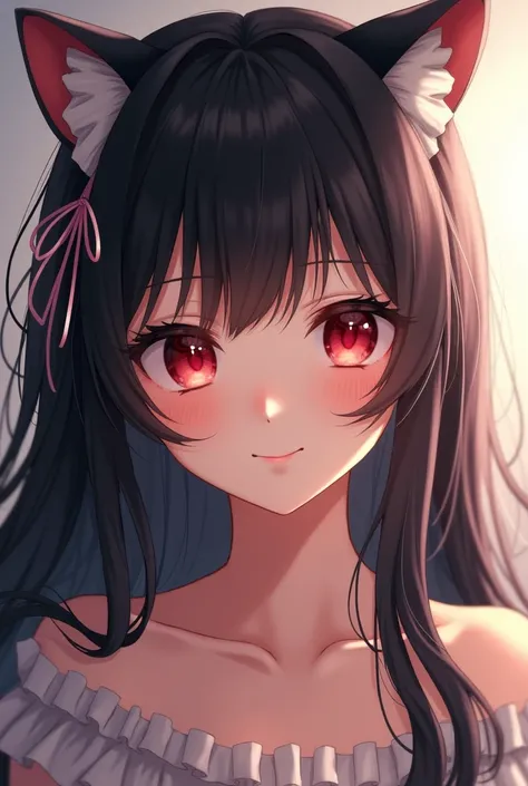 1girl, Long Hair, Smile, Solo, Best Quality, Black Hair, Cat Ears, Red Eyes, Hair Ribbon, 