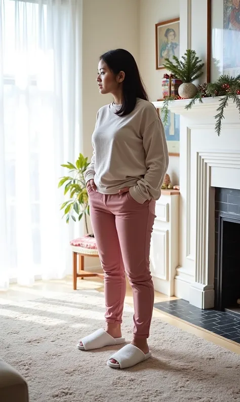 asian woman standing in her asian living room, looking right, relaxed home outfit, showing her waist after weight loss, white soft slippers, hommemade photo, her room decorated for Christmas holidays, New Years garland