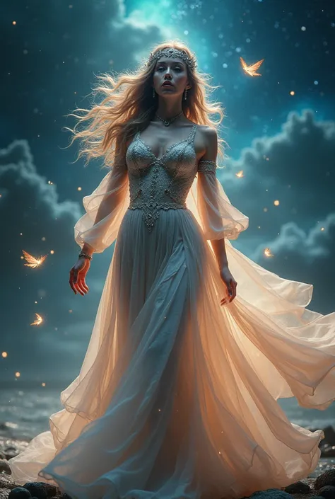  A complete body shape of stunning beauty, hyper-realistic,  ethereal woman with incredible brilliance ,  wearing a colorful ,  Cintilante, swinging, shining, boho,  Gothic, flowing, pure, Fada, witchs outfit on a breathtaking night with stars and colors w...