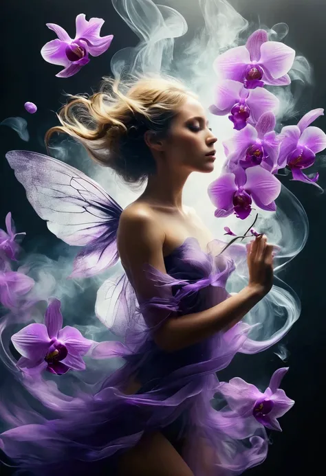 Hyperrealistic airbrushed drawing in the style of Marc Allante and Alan Aldridge, a black and purple orchid that transforms into a naked girl with a mystical double exposure, locks of her hair that transform into delicate leaves and petals that flutter wit...