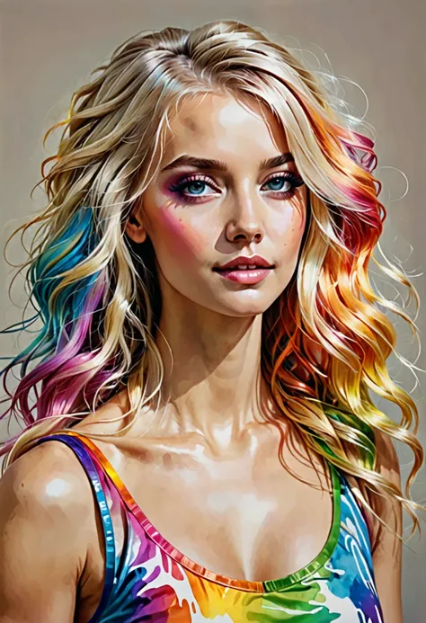 Blonde woman with her hair rainbow colors made up,  realistic ,  Detailed , princess style, decorate your living room by hanging pictures