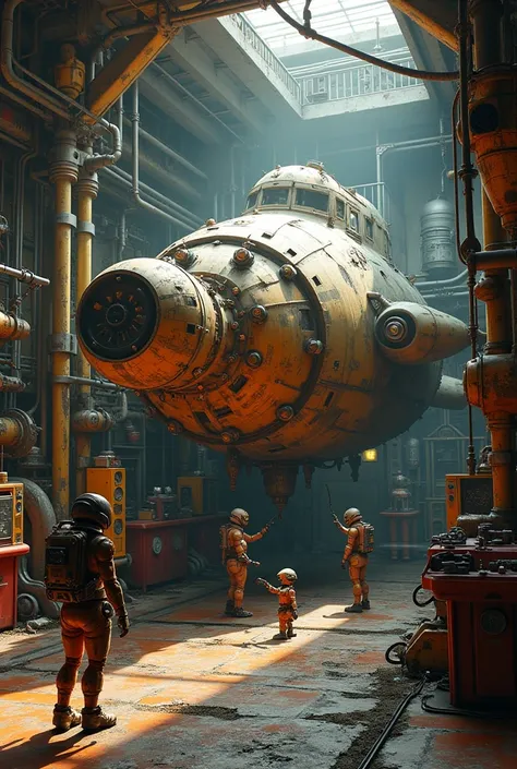 an ultra futuristic steampunck garage with a damaged and rusty spaceship under repair, by small futuristic droids and robots.
in a science fiction setting filled with detail and automobile parts, photorealistic decor