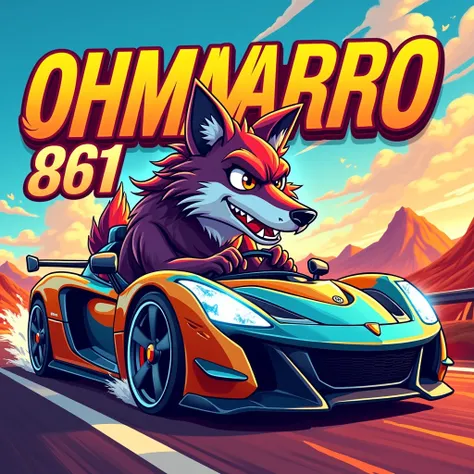 Make a cool graphic cartoon of a wolf driving sports car. The pictures are brightly colored. Put the big words “ohmmarlboro 861” in the picture. 