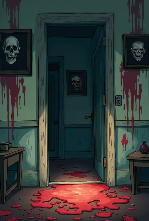 Also, a cartoon about inside the house with dried blood on the walls and portraits that look out the door.