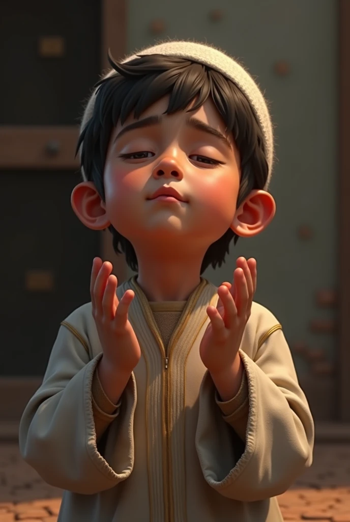 Muslim boy asking to God with emotion. Real look like 