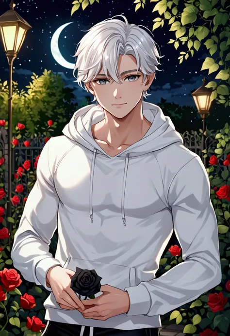 Russian boy main character he is sixteen years old with fair skin silver eyes,white hair and a handsome face with a slim and muscular physique with a small and beautiful smile wearing a white hoodie and black pants in a beautiful garden at night with a bla...