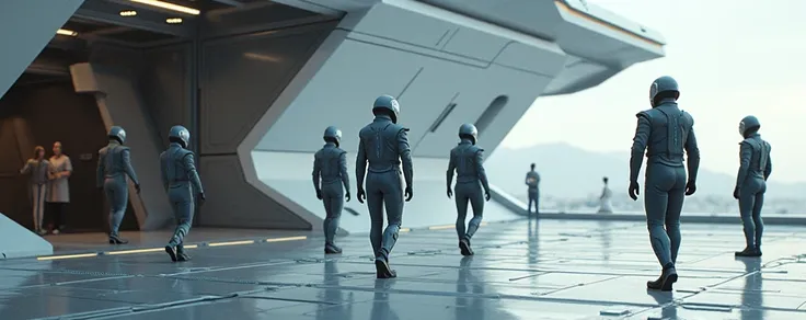 In the future,  on the deck of a hyper-futuristic ship ,  passengers say goodbye ,  dressed in futuristic suits and helmets in their hands, The ship is super modern . Use the sketch reference.