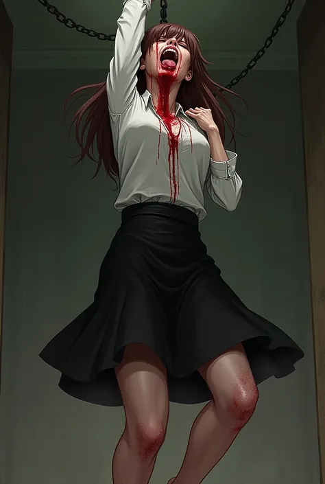 Orihime Inoue from bleach dressed as a school teacher feet bare legs with a black skirt she is showing her navel full body picture and we see her feet she is hanged to death by the neck her face is read her toungue is out open mouth eyes rolling back convu...