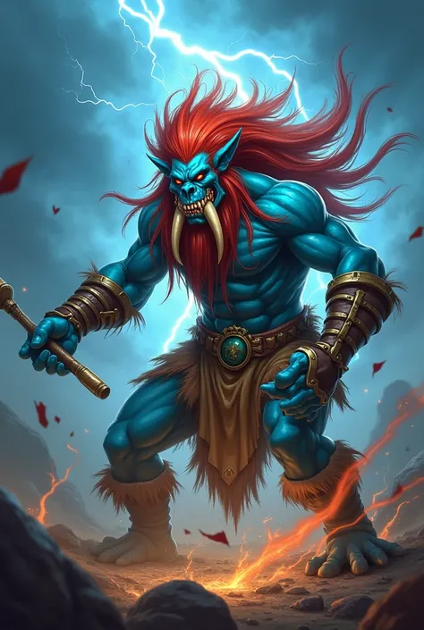  Troll Zandalar shaman from world of warcraft, lanky, blue skin,  Red hair , large tusks protrude up from the lower jaw, shaman armor ,  plays drums against a background of lightning, world of warcraft