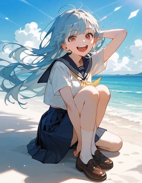 Score_9,Score_8_up,Score_7_up,highest quality, source_anime, highest quality, BREAK 1 girl, high school uniform, shirts, light yellow ribbon, light blue hair, long hair, brown eyes, (big laugh:0.9), BREAK (seaside, sunshine), BREAK (full body)