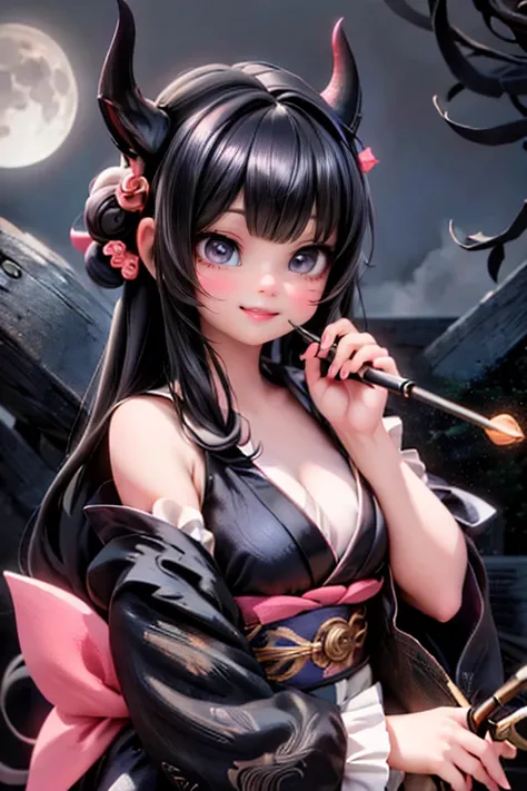 A sultry yukata-clad demoness, her horns and intense smoky eyes gleaming in the misty night air. A subtle flush on her cheeks adds to her seductive allure as she puffs on a pipe, surrounded by the mystical woods. The moon casts an ethereal glow behind her,...