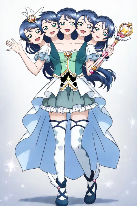 (masterpiece, best quality), (detailed), best resolution, 16k, straight on, full body, (conjoined, two heads, three heads:1.5), ((blue magical girl)), magical girl outfit, exposed collarbone, crown braid, ribbon on chest, frilly khaki skirt, a frilly butto...