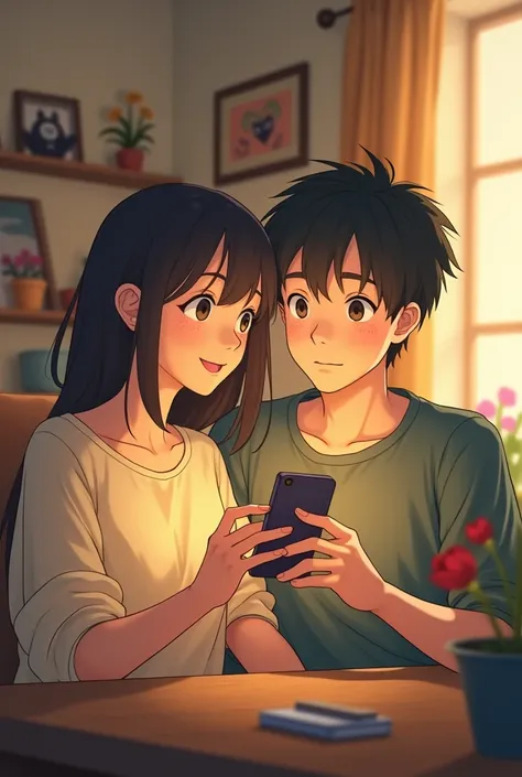 ghibli couple in video call, the guy is holding a phone 