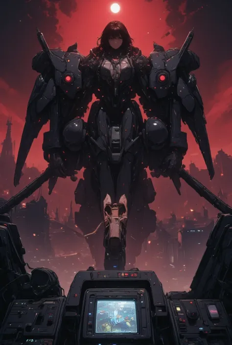 Photography/Shot Type: Full-body shot, action pose.
Subject: A seasoned female Mecha pilot, standing tall in the cockpit of a massive Mecha suit, ready for battle.
Subject Details: She is a woman in her mid-40s, with short, cropped black hair flecked with ...