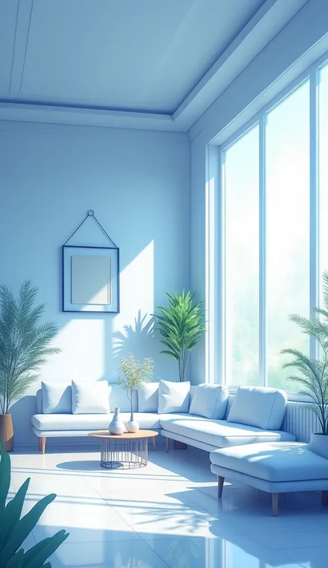 An interior house, anime background style, blue and white color 9:16