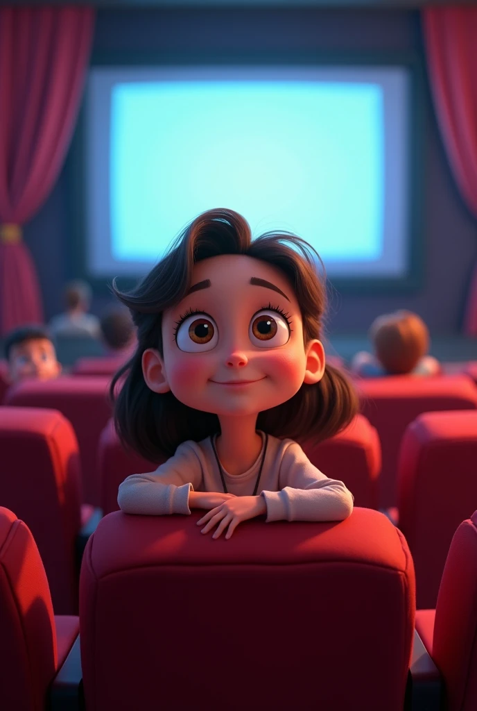 Cartoon image of a girl sitting intently watching a movie in the cinema