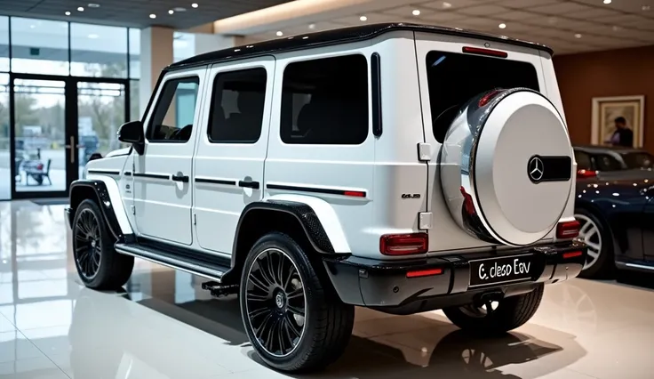 "A right   view of a white Mercedes-G class Ev  car parked inside a luxurious showroom with glossy floors and bright, modern lighting. The cars butterfly doors are fully raised, creating a dramatic and symmetrical wing-like effect. The number plate on the ...