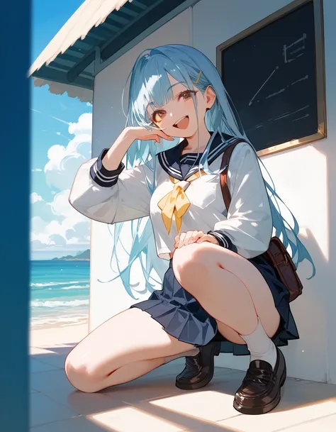 Score_9,Score_8_up,Score_7_up,highest quality, source_anime, highest quality, BREAK 1 girl, (curvy:0.8), high school uniform, shirts, light yellow ribbon, light blue hair, long hair, brown eyes, (big laugh:0.9), BREAK (seaside, sunshine), BREAK (full body)